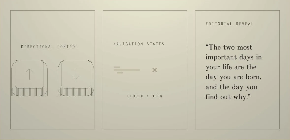 21GRAMS specimens showing crisp directional KeyArrow controls, closed and open navigation, and editorial typography in the viewer’s system theme