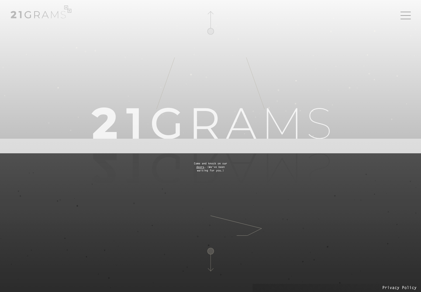 Archived 21GRAMS public homepage from April 2023, divided into light Essence and dark Craft fields around the agency wordmark