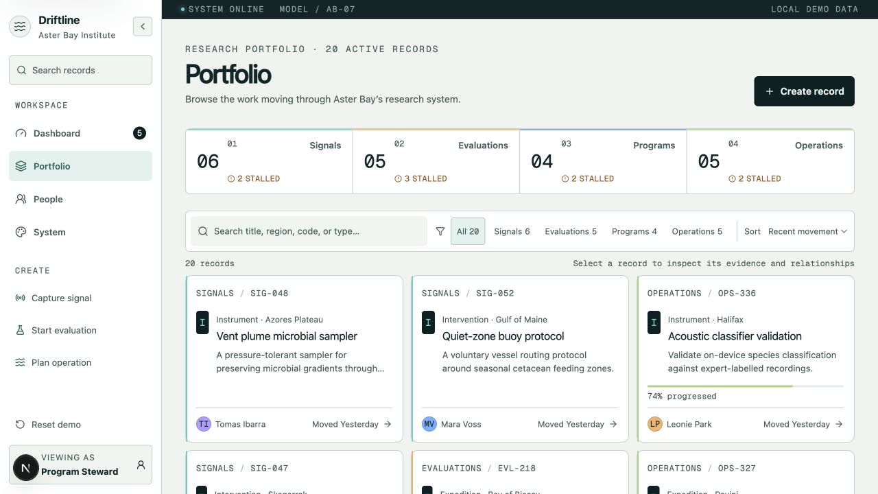 Driftline portfolio workspace showing stage totals, filters, and research records in the viewer's system theme