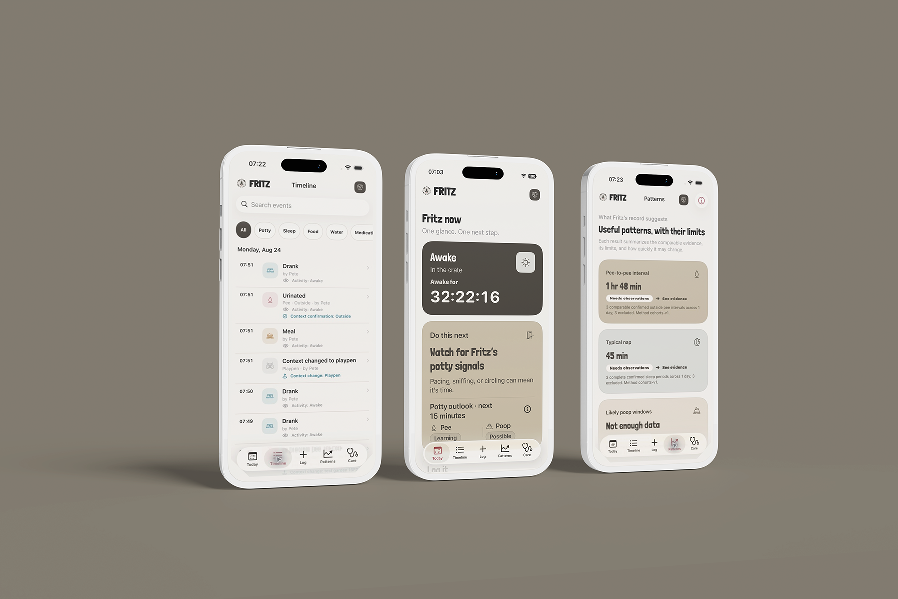 Three white clay iPhones showing Fritz Timeline, Today, and Patterns screens