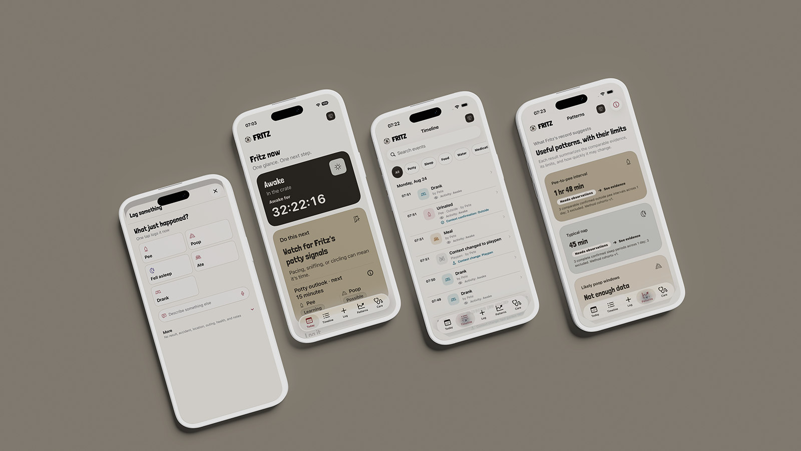 Current Fritz Log, Today, Timeline, and Patterns screens presented in white clay iPhones on a warm stone background