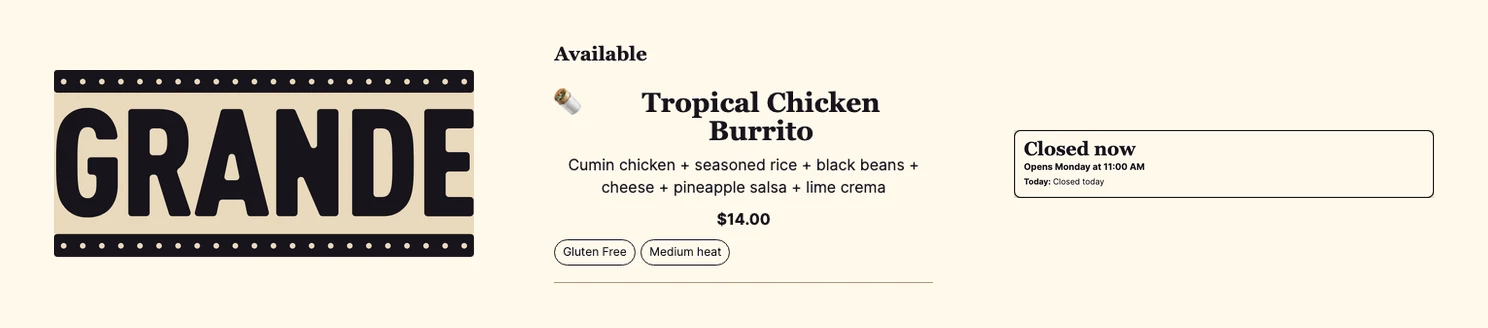 Grande Burrito design-system specimens showing the BrandMark, an available MenuItem, and the current HoursStatus panel in the viewer’s system theme