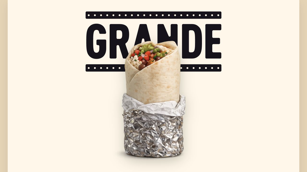 Grande Burrito landing hero with a foil-wrapped burrito positioned over the oversized Grande wordmark