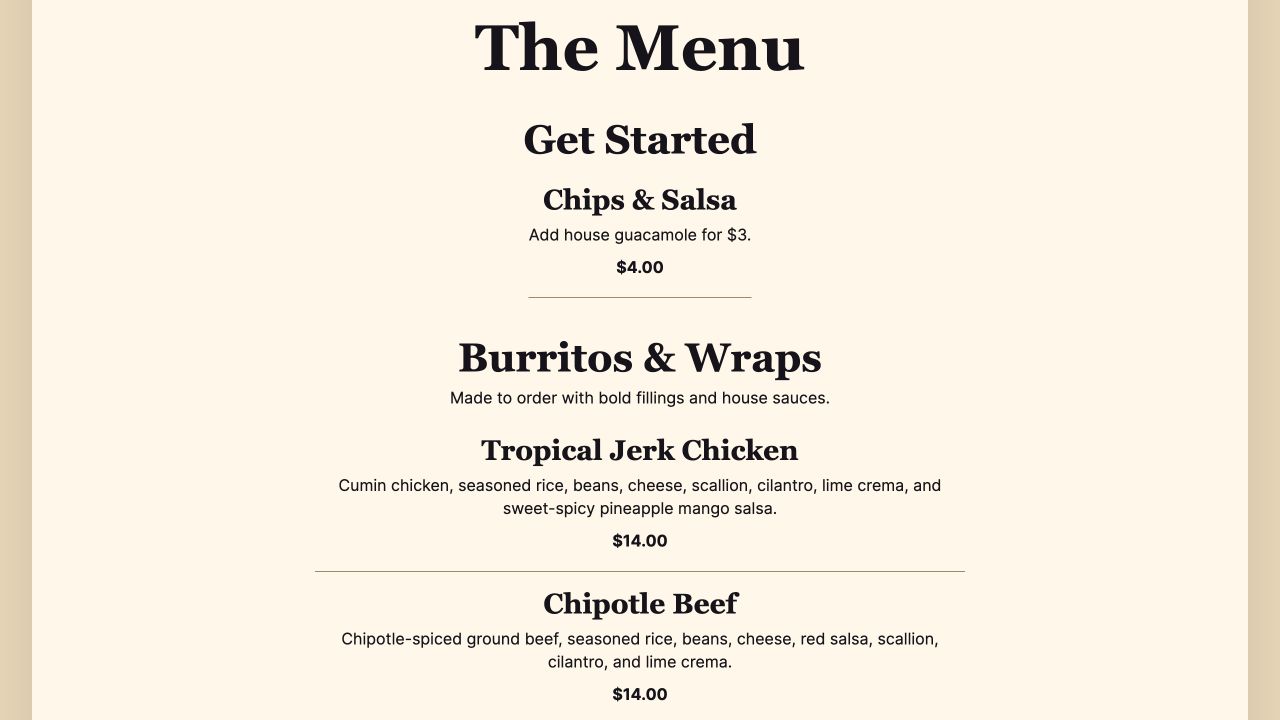 Grande Burrito menu showing typographic hierarchy across starters, burritos, descriptions, and prices