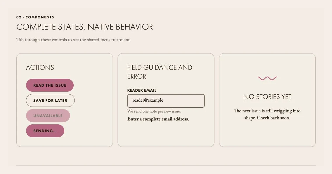 Let’s Worm design-system specimens showing action states, invalid field guidance, and an empty editorial state