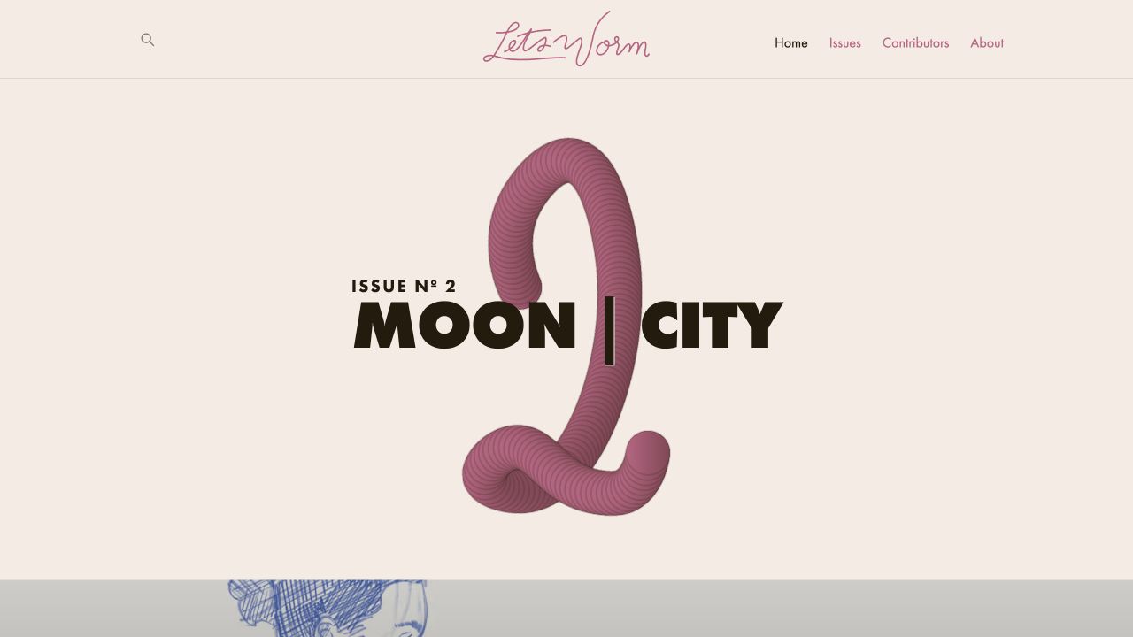 Let’s Worm issue landing page featuring the Moon City title and a large sculptural pink worm