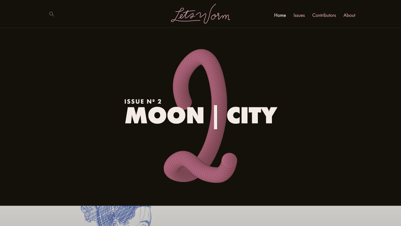 Let’s Worm issue landing page featuring the Moon City title and a large sculptural pink worm