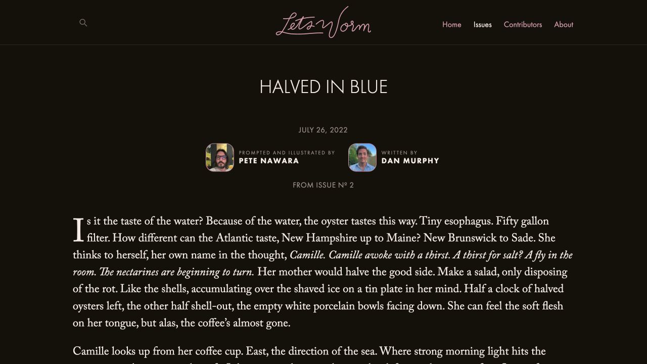 Let’s Worm story page showing editorial typography, contributor credits, issue context, and long-form reading layout