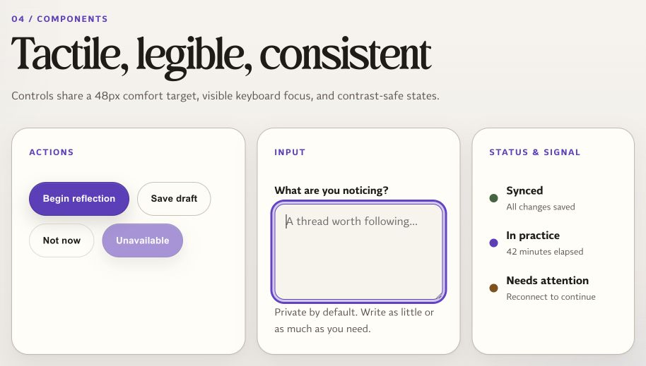 Synchronic design-system specimens showing four button states, a focused editorial input, and status feedback in the viewer’s system theme