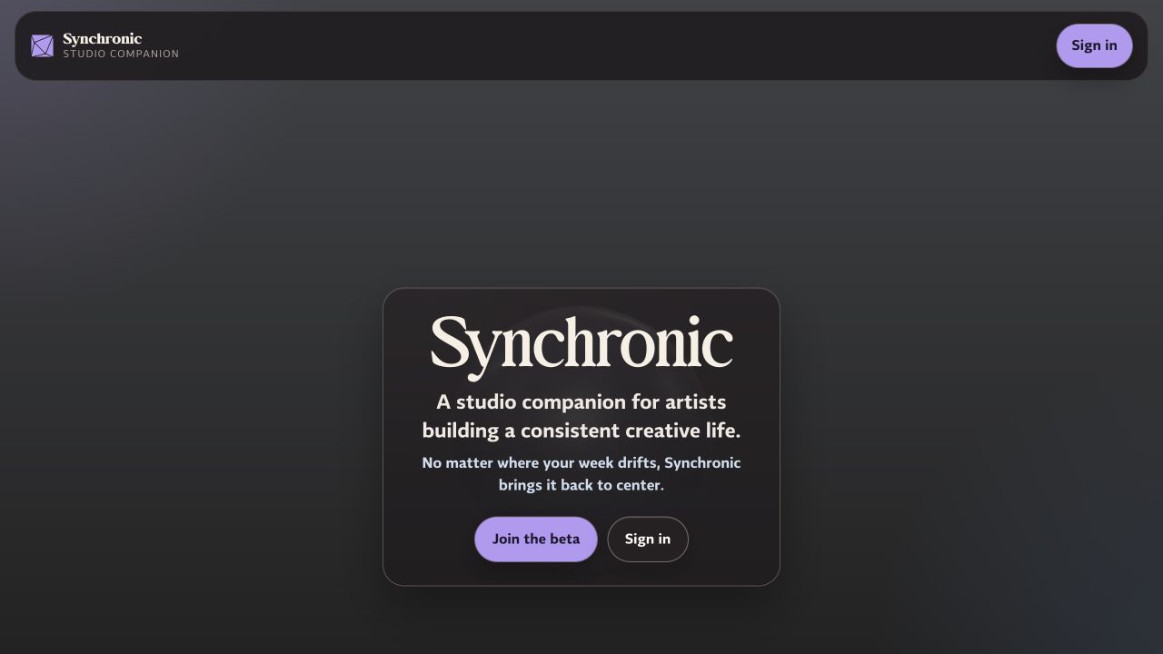 Synchronic logged-in dashboard showing weekly creative practice summaries and progress modules