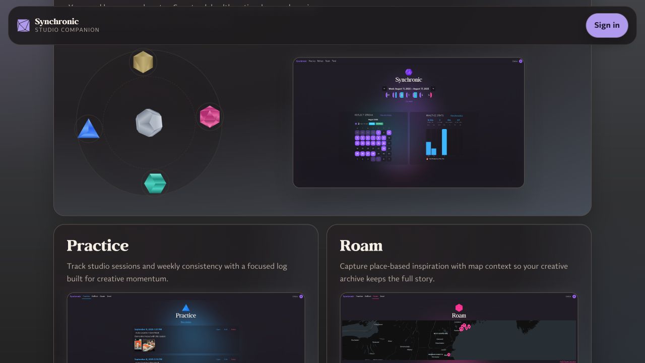 Synchronic logged-in Practice view showing session history, notes, and actions