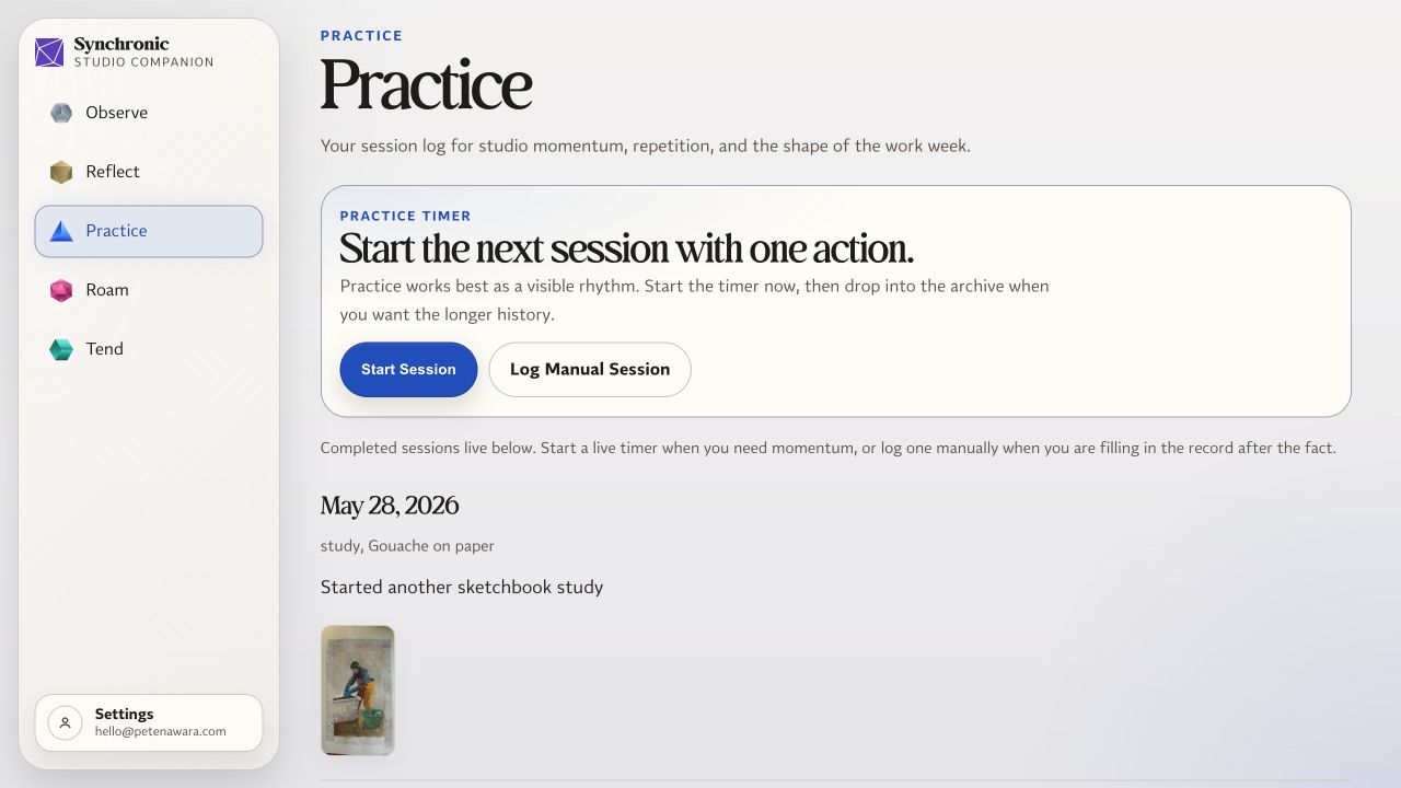 Synchronic Practice view showing its session-first action panel and visual session archive